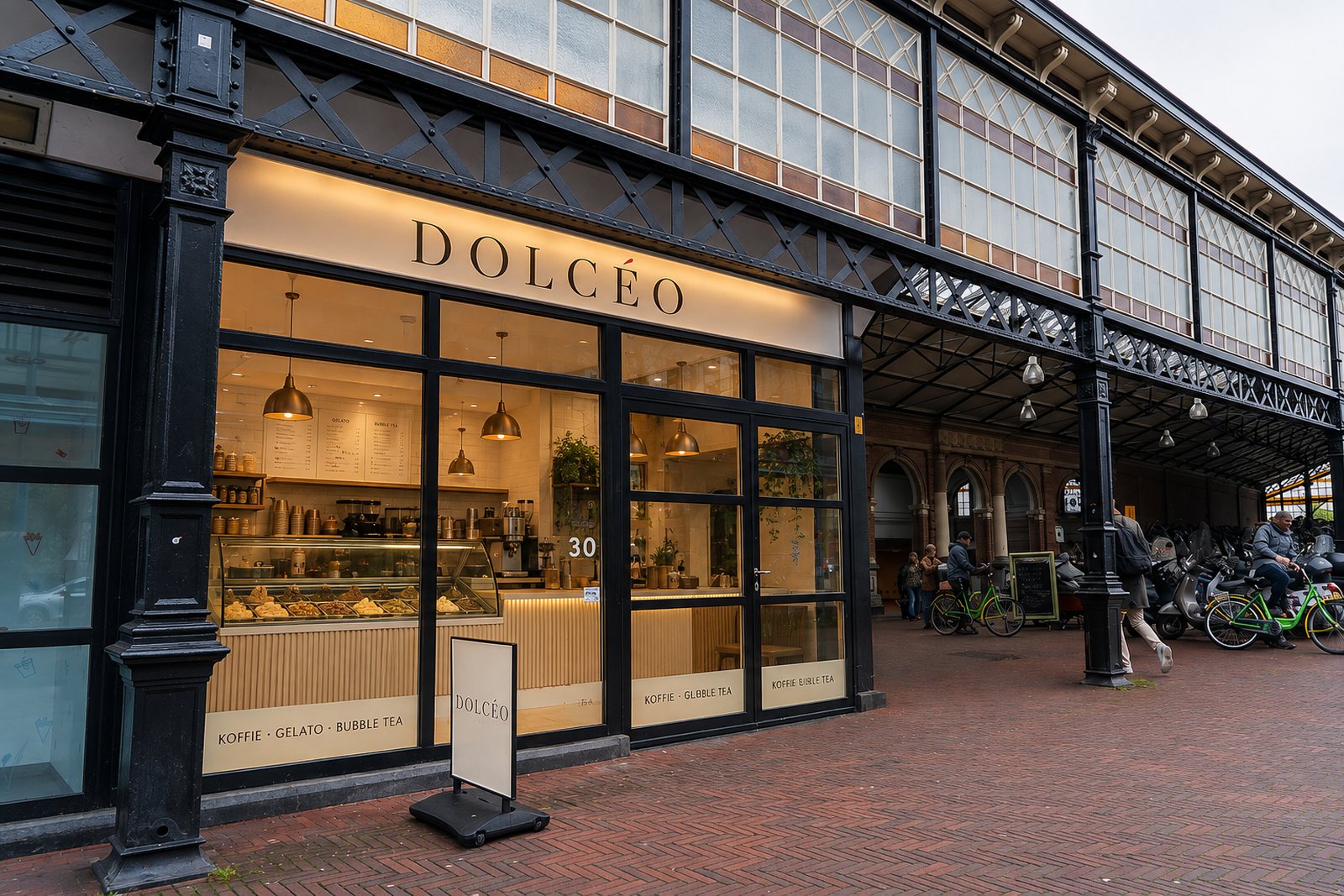 De gevel van Dolcéo in de historische galerij van station Den Haag Hollands Spoor