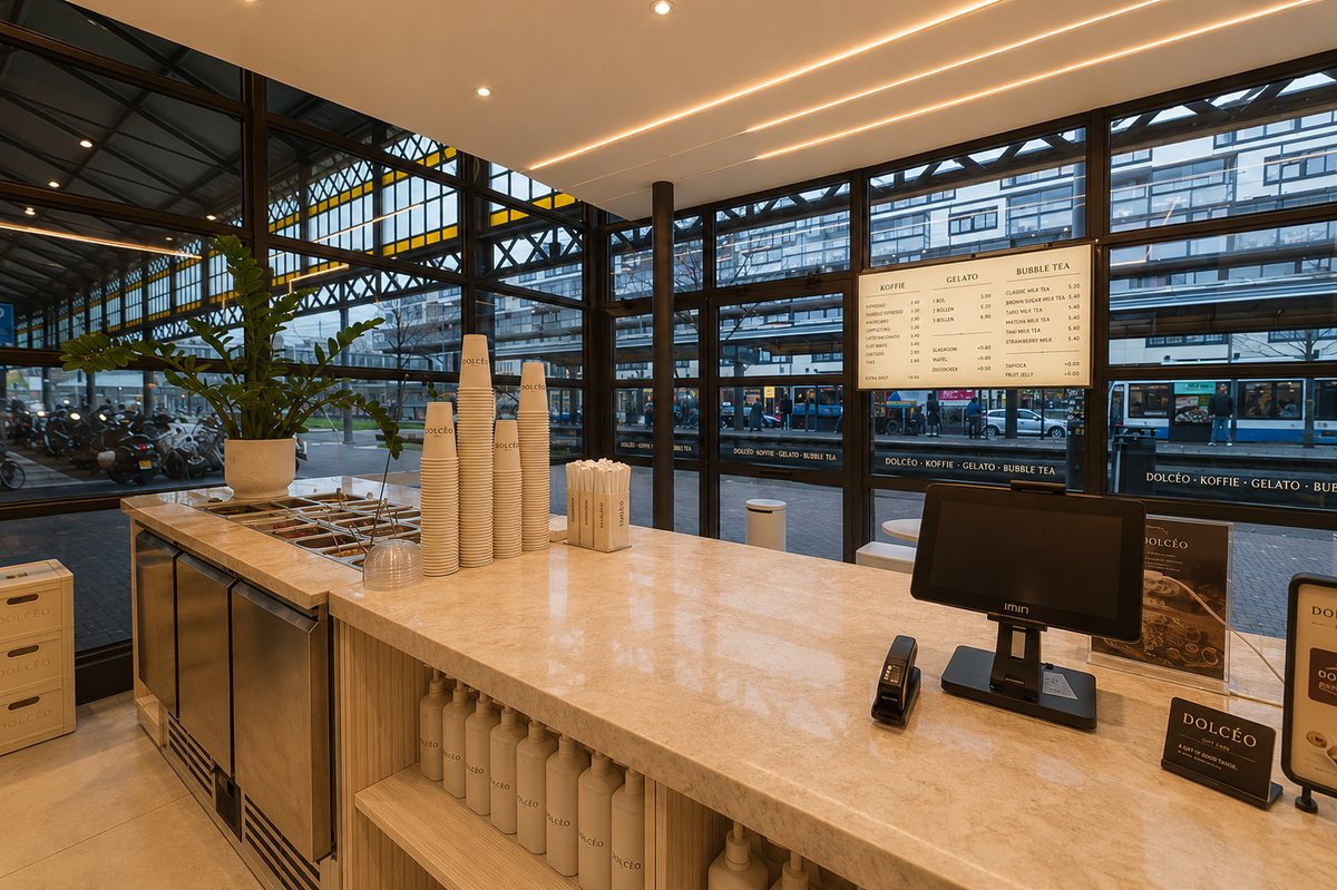 De toonbank met uitzicht op het Stationsplein
