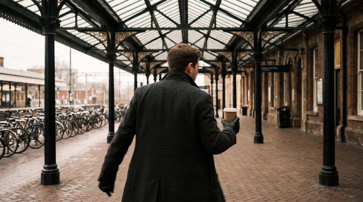 Een reiziger loopt met een beker koffie door de overdekte galerij
