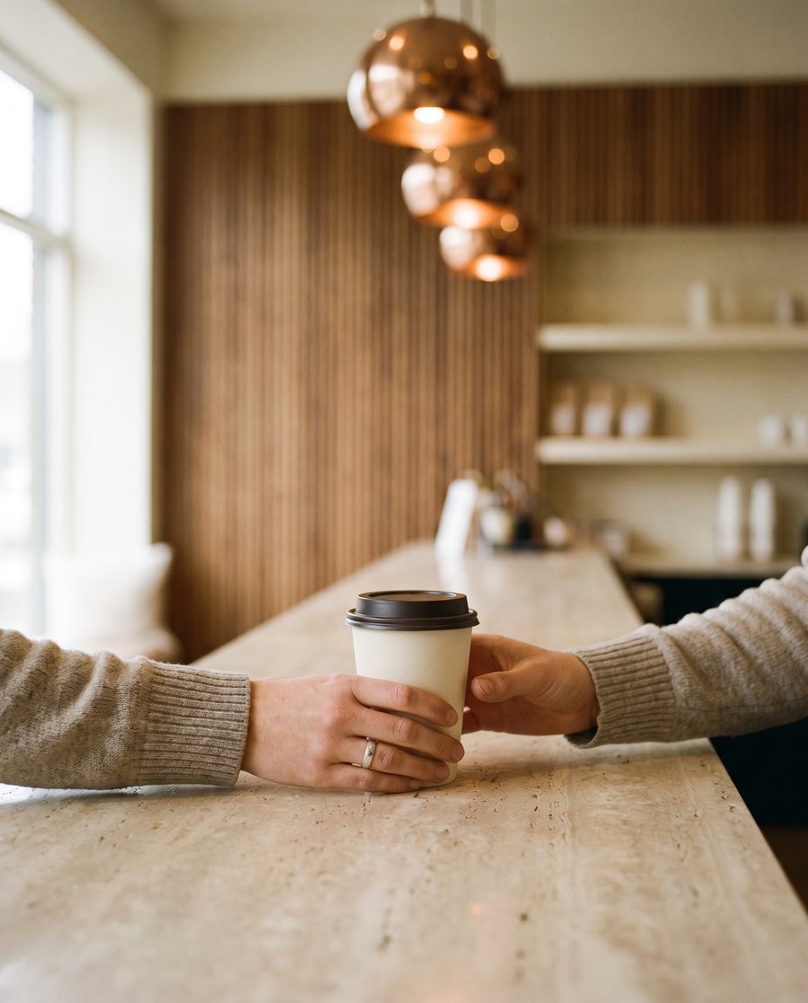 Een beker koffie wordt over de toonbank aangereikt
