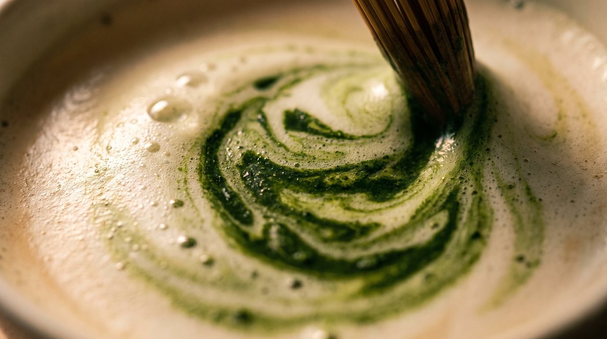 Macro van matcha die door melkschuim wordt geklopt