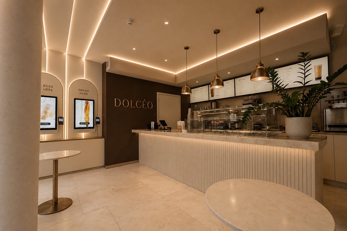 Het interieur van Dolcéo met de toonbank
